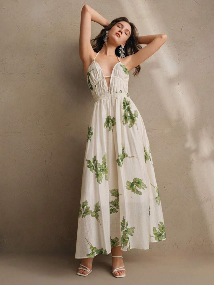 Floral Jacquard Print V-Neck Waist Cinched Summer Dress For Women, Elegant Vacation Outfit For Festival, Beach, Spring/Summer