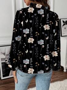 SHEIN LUNE Women's Summer Casual Country Western Ruffle Collar Lantern Sleeve Pattern Print Long Sleeve Blouse - Black - View 2