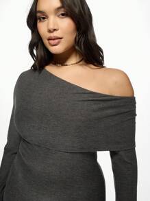 MISSGUIDED PLUS Plus Size Off-Shoulder Maxi Dress With Side Slit Elegant Long Sleeve Evening Party Winter Fall Wedding Guest Floor Length Bodycon - Grey - View 5