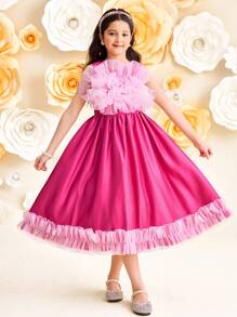 SHEIN Leap Crew Tween Girl Elegant Round Neck Sleeveless Ruffle Waist A-Line Midi Dress - Pink - View 4