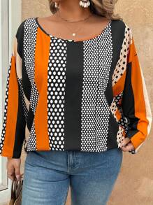 SHEIN LUNE Blusa de mujer de talla grande con estampado de rayas y lunares de colores, atuendo de rave, vestimenta occidental para mujer, bohemio, hippie, atuendo de vaquera, bohemio, festival, viejo dinero, atuendo de concierto para mujer, atuendo de rave, atuendo de primavera y verano bohemio de viejo dinero