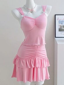 Váy mini màu hồng cho bé gái tuổi teen kèm quần short, bộ áo ba lỗ dệt kim dây nơ, phong cách ngọt ngào & Y2K - Hồng - Xem 1