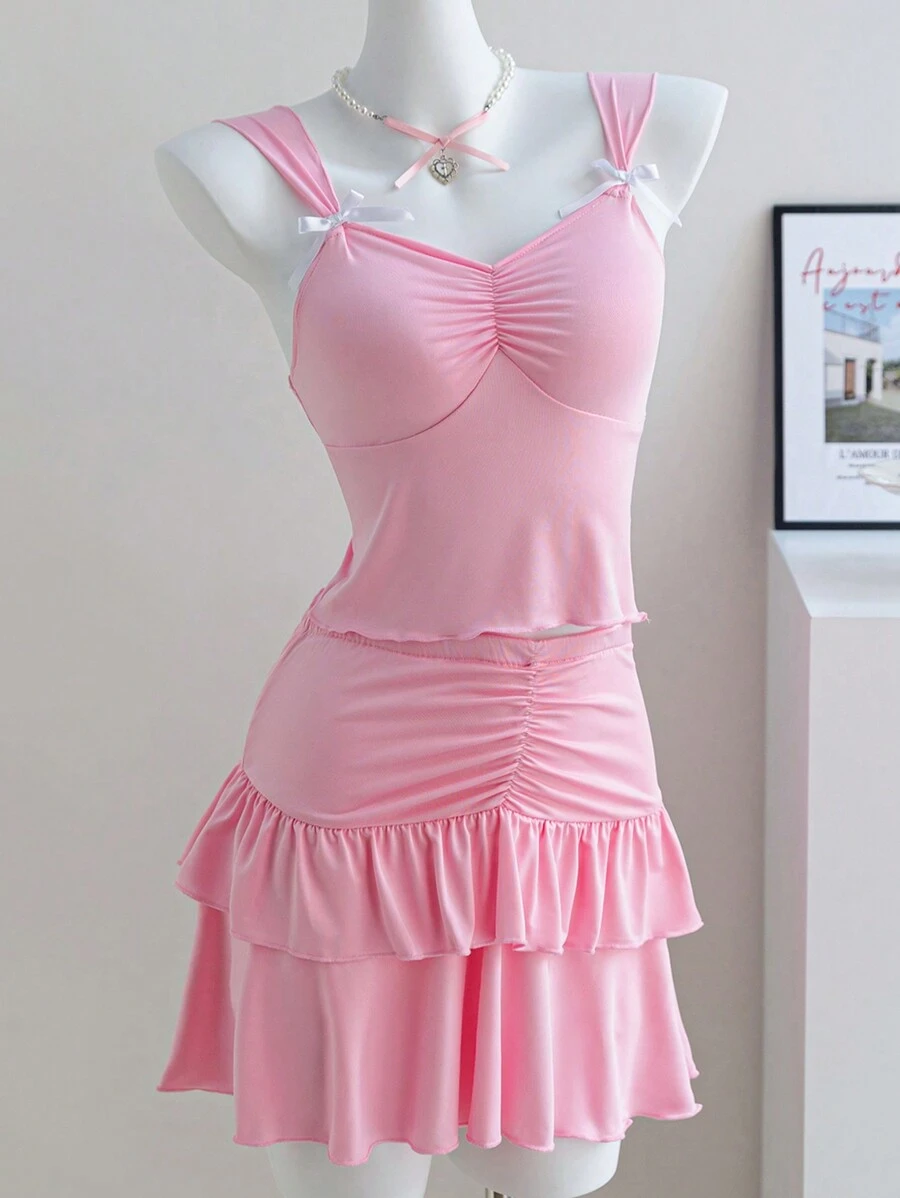 Váy mini màu hồng cho bé gái tuổi teen kèm quần short, bộ áo ba lỗ dệt kim dây nơ, phong cách ngọt ngào & Y2K - Hồng - Xem 1