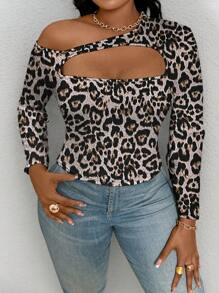 Maweii Plus Size Leopard Print Hollow Out One Shoulder Long Sleeve Sexy T-Shirt - Multicolor - View 3