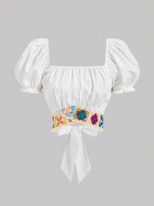 Tween Girl Relaxed Contrast Tape Patchwork Hem Square Collar Puff Sleeve Blouse - White - View 1