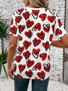 SHEIN LUNE Casual Heart Pattern Round Neck Short Sleeve Women T-Shirt, Suitable For Spring & Summer