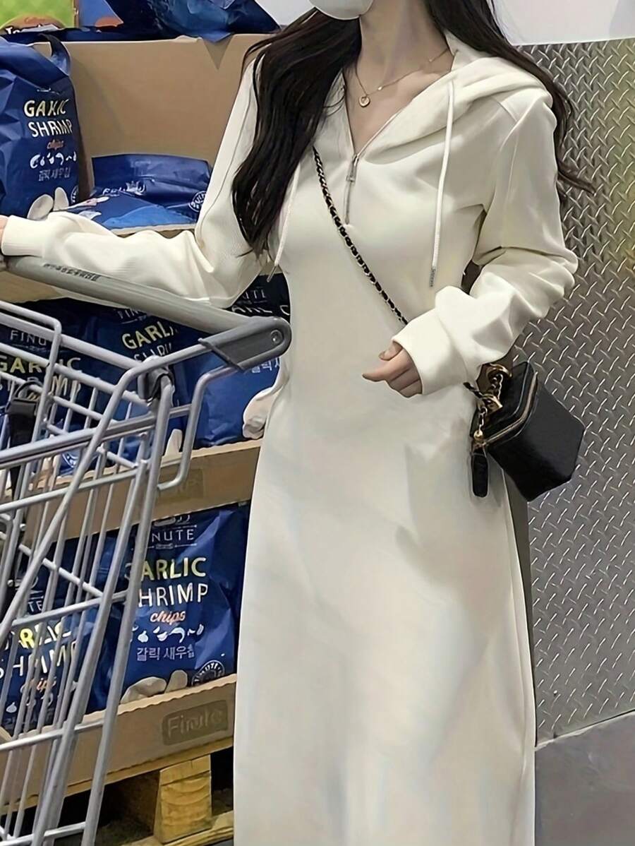 女士休闲纯色抽绳连帽连衣裙 - 杏色 - 查看 1