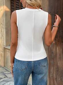 Breezaya Runder Ausschnitt Strick 3D Blumen Mode Minimalistische Frauen Tank Top, perfekt für Dates, Arbeit, Urlaub, Boho/Bohemien, Feiertage, Festivals Alltag - Weiss - Übersicht 2