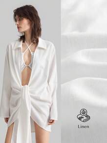 Ontre 2025 New Spring Women's Bohemian Style Cover Up, White Linen Shirt Collar Long Flare Sleeve Tie Front Beach Cover-Up, Casual Tie-Up Design, Old Currency Pattern - White - View 2