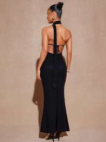 Hauture Summer Women Outfit, Women Clothes, Sexy Halter Scarf Open Back Black Maxi Dress, Women Dresses, Party Women Dresses, Elegant Women Dresses, Formal Women Dresses, Prom Dress, Long Dress, Sexy Dress. For Date Night, Concerts, Performances, Parties, Clubs, Party, Music Festivals - Black - View 4