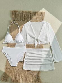 SHEIN 少女 4 件套：白色罩衫裙 + 比基尼，适合海滩度假