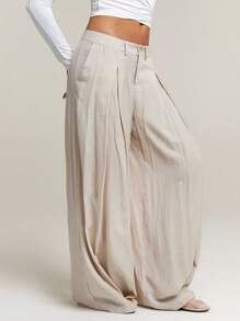 Athîral Women's Mocha Pleated Wide Leg Loose Casual Pants Commuting - Khaki - View 1