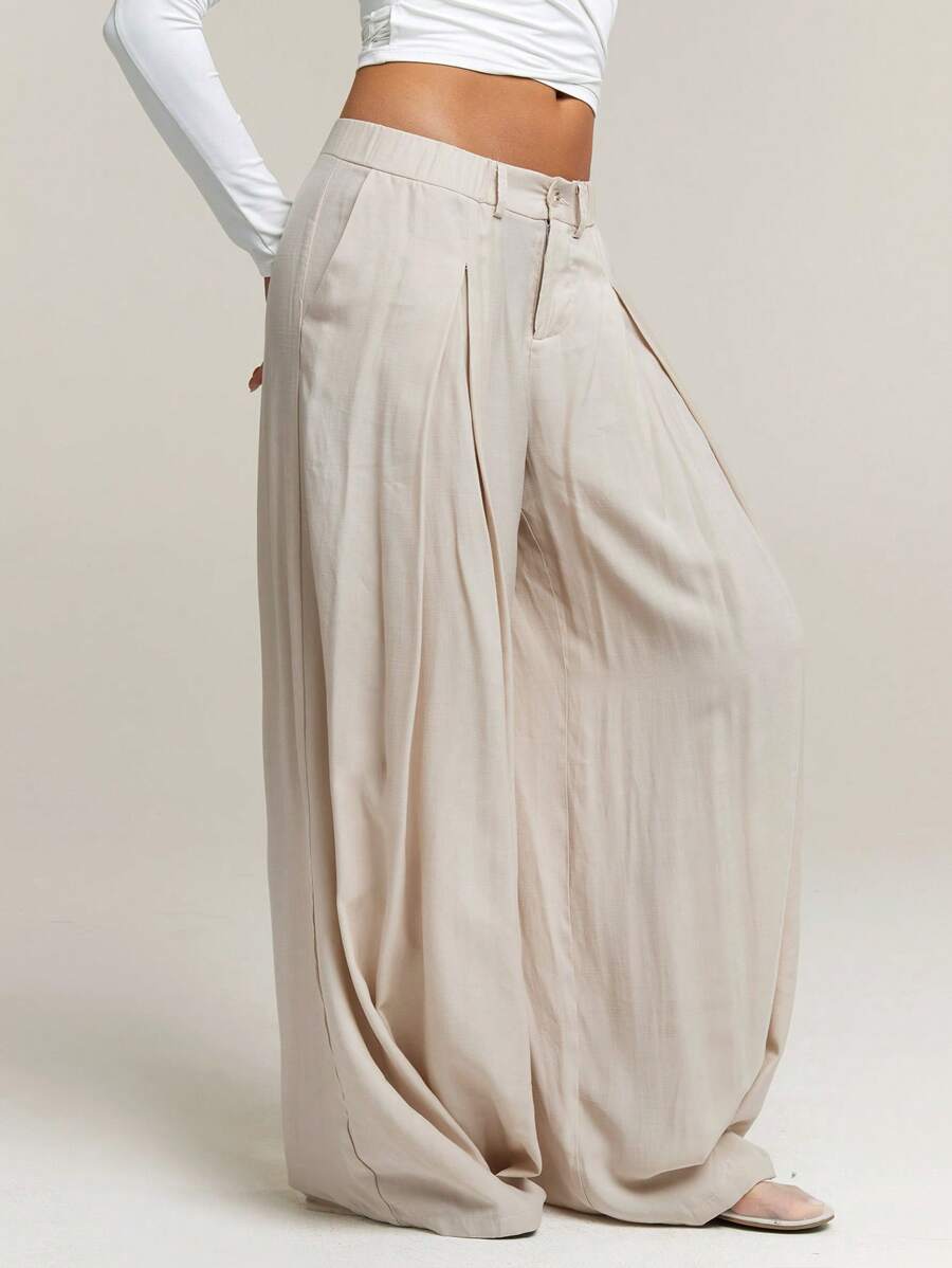 Athîral Women's Mocha Pleated Wide Leg Loose Casual Pants Commuting - Khaki - View 1
