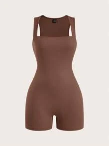 SHEIN BASICS 2pcs/Set Casual Solid Color Knitted Jumpsuit With Transformable Collar For Women, Slim Fit/Summer - Brown - View 3