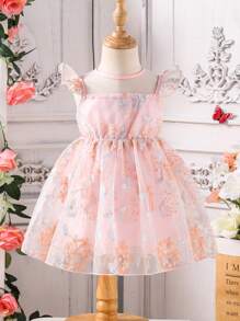 Infant/Toddler Girls Sweet Elegant Floral Embroidered Flutter Sleeve Pink Princess Dress, Casual Chic Style, Suitable For Birthday Party, Gathering Or Daily Wear, Spring/Summer New Arrival