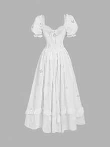 SHEIN MOD Vestido blanco con manga abullonada, volantes y bordado en la cintura - Blanco - Ver 8