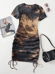 SHEIN EZwear Drawstring Ruched Side Rib-knit Tie Dye Dress - Multicolor - View 1