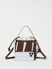 1个镂空新款时尚百搭水桶包，棕色，质感高级，抽绳封口，可作手提包、单肩包或斜挎包使用，适合女性日常通勤和户外活动，圣诞节冬季圣诞礼物 - 棕色 - 查看 7