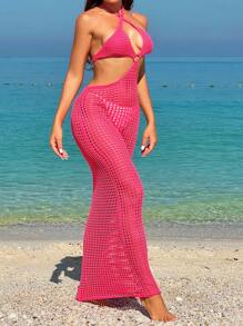 SHEIN Swim 女士纯色简约镂空罩衫挂脖连衣裙 夏季 - 玫紅色 - 查看 5