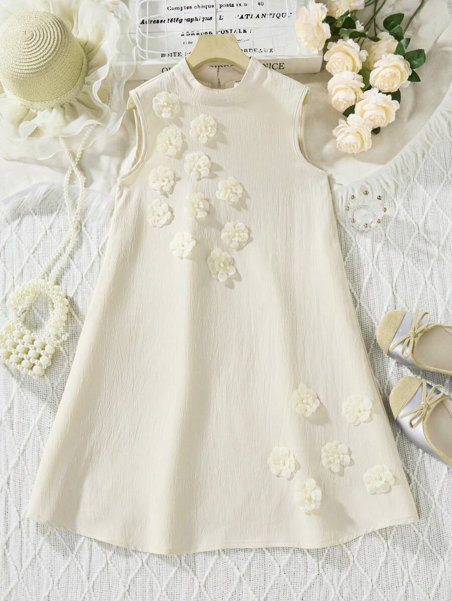 Tween Girl  Spring/Summer Loose Sleeveless Dress With 3D Floral Decor,Holiday Summer Travel - Apricot - View 1