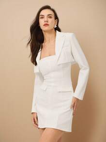 Poéselle Women's Solid Color Jacket & Dress Suit, Minimalist Fashion Casual For Everyday Wear - White - View 5