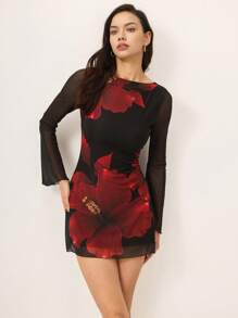Poéselle Women Long Sleeve Floral Print Slim Fit Short Dress,Sexy Sheer Sleeve Floral Dress - A Must-Have For Summer Parties, Old Money Aesthetic