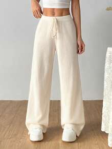 SHEIN EZwear Quần ống rộng đơn sắc thường ngày rộng rãi cho nữ - Màu be - Xem 6