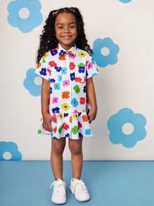 SHEIN CutesyCutie Young Girl Woven Ditsy Floral Overlay Casual Shirt Dress - Multicolor - View 5