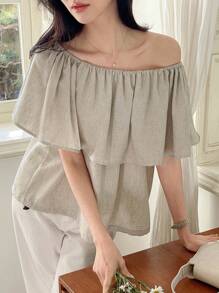 DAZY Blusa de mujer con diseño de hombros descubiertos, volantes, top de hombros descubiertos, top de estilo babydoll - Gris - Ver 2