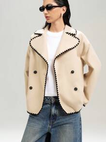 LYSMO Women Casual Contrast Binding Double-Breasted Woolen Coat, Autumn/Winter