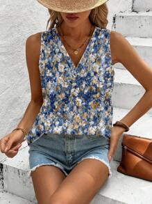 SHEIN LUNE Plus Size Casual Minimalist Floral Pattern Sleeveless Shirt, Suitable For Summer Chic Blouses For Women