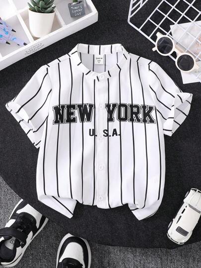 Young Boy Casual Striped Letter Print Stand Collar Short Sleeve Shirt, Comfortable Sporty Style Suitable For Daily Wear, School, Travel, Sports, Spring And Summer
