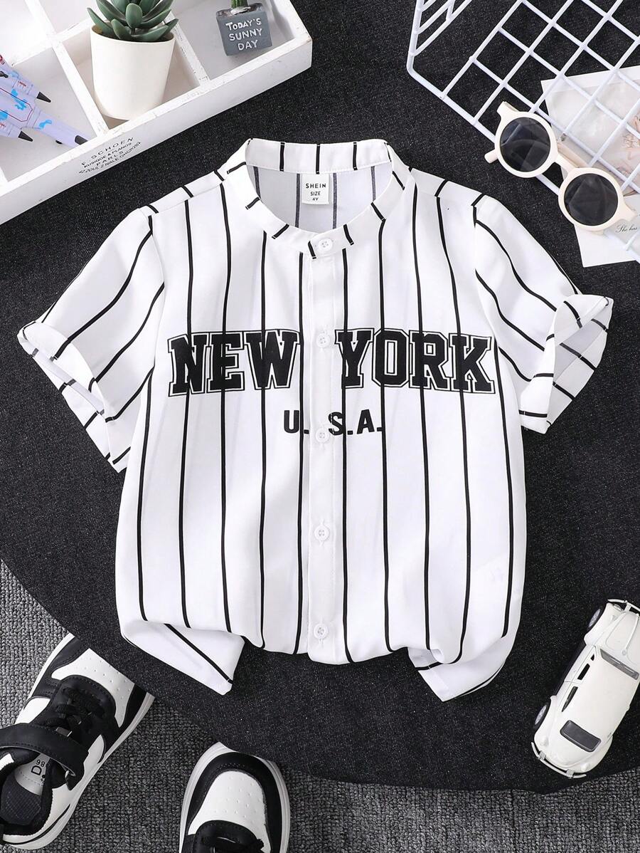 Young Boy Casual Striped Letter Print Stand Collar Short Sleeve Shirt, Comfortable Sporty Style Suitable For Daily Wear, School, Travel, Sports, Spring And Summer - White - View 1