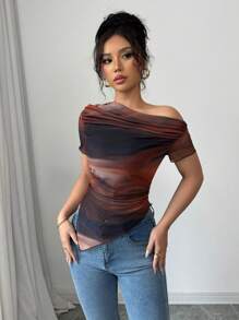 Elenzga Women's New Fashion Oblique Shoulder Short Sleeve Tie Dye Print T-Shirt - Multicolor - View 4