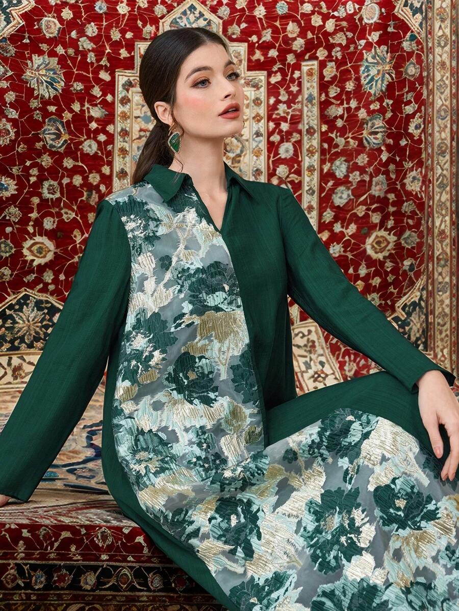 Al Najma 斋月拼布华丽提花长款阿拉伯连衣裙 女士优雅提花拼布阿拉伯连衣裙