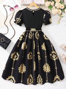 Tween Girl Retro Pattern Elegant Fashion Outfit Set - Black - View 2