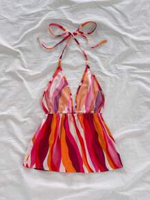 Soleia Women V-Neck Tie Front A-Line Vacation Top With Orange And Magenta Striped Pattern,Western Wear Women,Festival,Boho,Hippie,Cowgirl Outfit,Old Money ,Bohemian