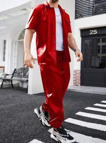 Manfinity Roghcode Bộ quần áo sơ mi và quần tay ngắn có túi tiện dụng màu trơn cho nam Trang phục nam Trang phục nam Trang phục nam Trang phục nam Trang phục đầy đủ cho nam - Đỏ - Xem 3