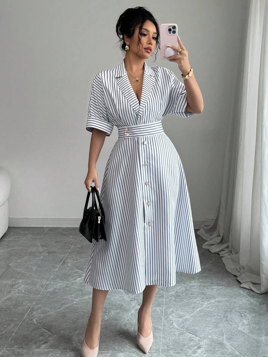 Rafferiza Black & White Striped Collared Cinched Waist Flared Dress - Black and White - View 1