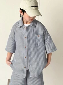 2 Pieces Set Of Tween Boys Casual Sport Shirts And Shorts For Boys, Featuring A Relaxed Fit, Texture Stripes, And A Turn-Up Collar, Is Suitable For Kids' Outfits, Toddler Boy Clothes, Back To School Boys Sets, Birthday Parties, Evening Events, Performances, Weddings, Baptisms, And School Commencements. It Is Suitable For Everyday Wear, School, Travel, Sports, And The Spring And Summer Seasons.