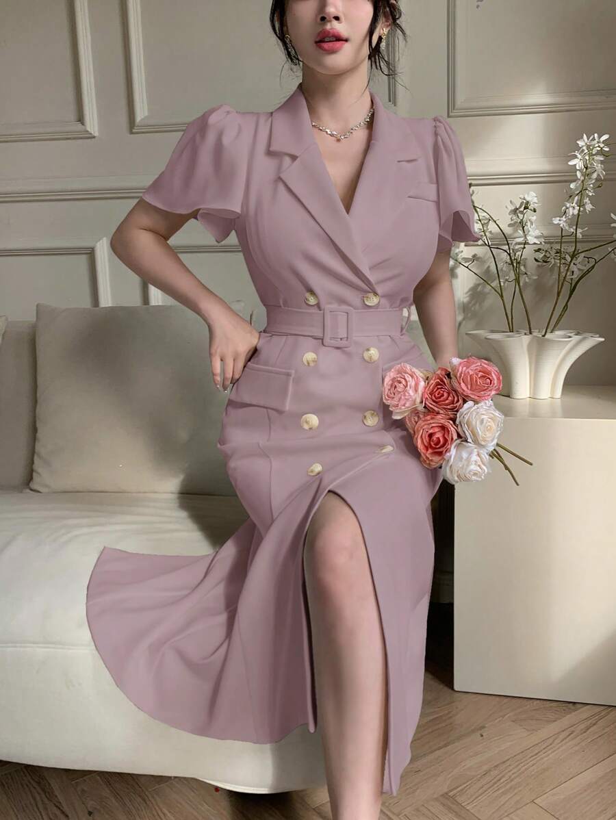 DAZY Đầm dài ngang gối màu trơn có bèo nhún ở gấu váy dành cho nữ, thích hợp cho dạ hội, váy maxi thanh lịch. - Màu tím - Xem 1