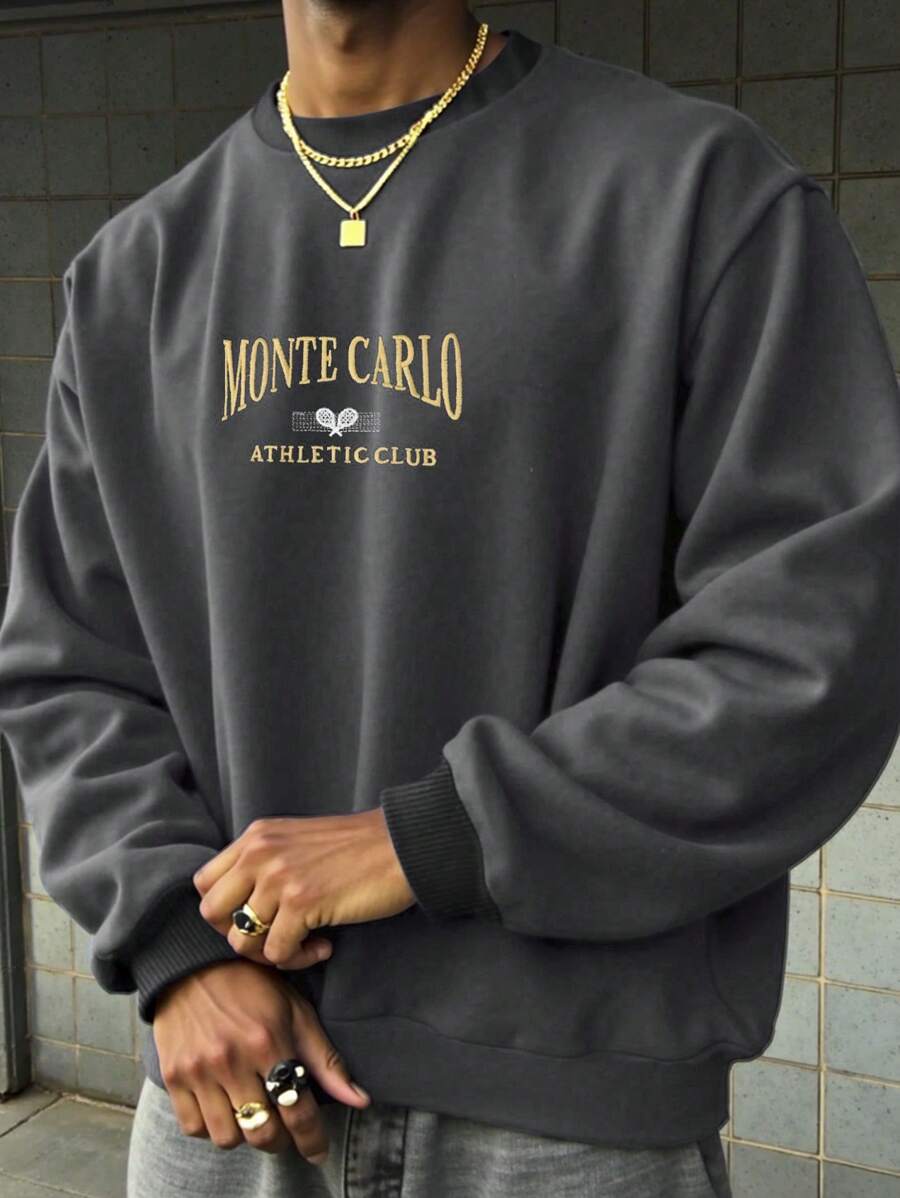 Men Embroidery Letter Pattern Sweatshirt, Long Sleeve Top