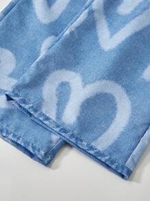 Wildeya Tween-Mädchen 2-teiliges Set mit einfarbigem, asymmetrischem Kurzarm-T-Shirt und langen Hosen in Denim-Optik mit Herz-Print