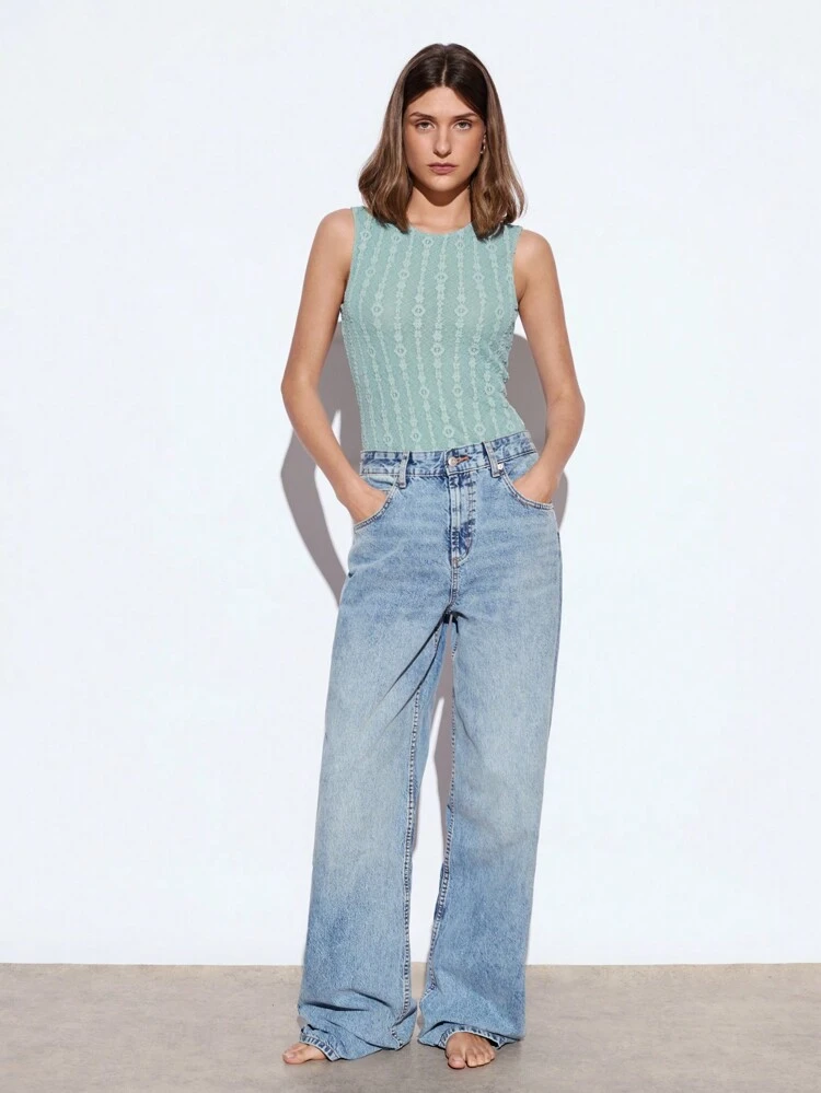 SHEIN Maija 2025 New Summer Mint Green Round Neck Textured Pleated Lace See-Through Sexy Backless Beach Vacation Bodysuit, Layerable Or Worn Alone, Suitable For St. Patrick's Day, Easter, Music Festivals, Beach Parties, Flattering Fit