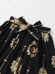 Tween Girl Retro Pattern Elegant Fashion Outfit Set - Black - View 3