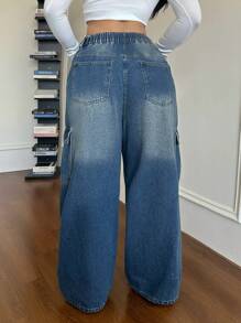 SHEIN CURVE+ 女式大码蓝色牛仔裤 松紧腰带直筒工装裤 夏季牛仔裤 休闲街头服饰 - 中等水洗藍 - 查看 2