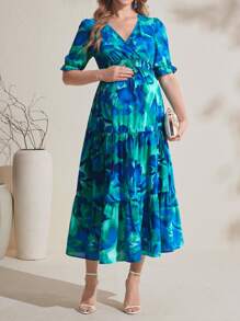 SHEIN Allover Print V-Neck Elastic Waistband Ruffle Trim Maternity Dress - Multicolor - View 5