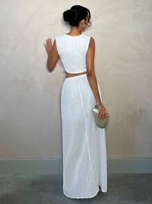 SHEIN BAE 夏季海滩度假纯白色蝴蝶结套装上衣背心套装裙套装，适合日常约会、夜间外出、夜总会、派对、聚会、鸡尾酒会、泳池派对、返校季服装、学校季服装、假日服装 - 白色 - 查看 2