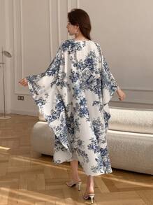 DAZY 女士全身印花宽松中长连衣裙，秋季长袖连衣裙，度假装扮，女士复活节长款连衣裙 - 藍色 - 查看 2