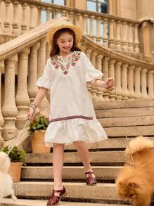 SHEIN Tween Girl Embroidered Colorful Ribbon Decor Dress - Multicolor - View 3